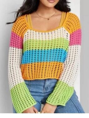 Wild Fable Crochet Rainbow Sweater Square Neck Size XS